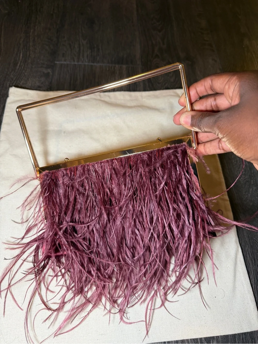 Zara Feather Fringe Evening Clutch in Plum with Gold Frame